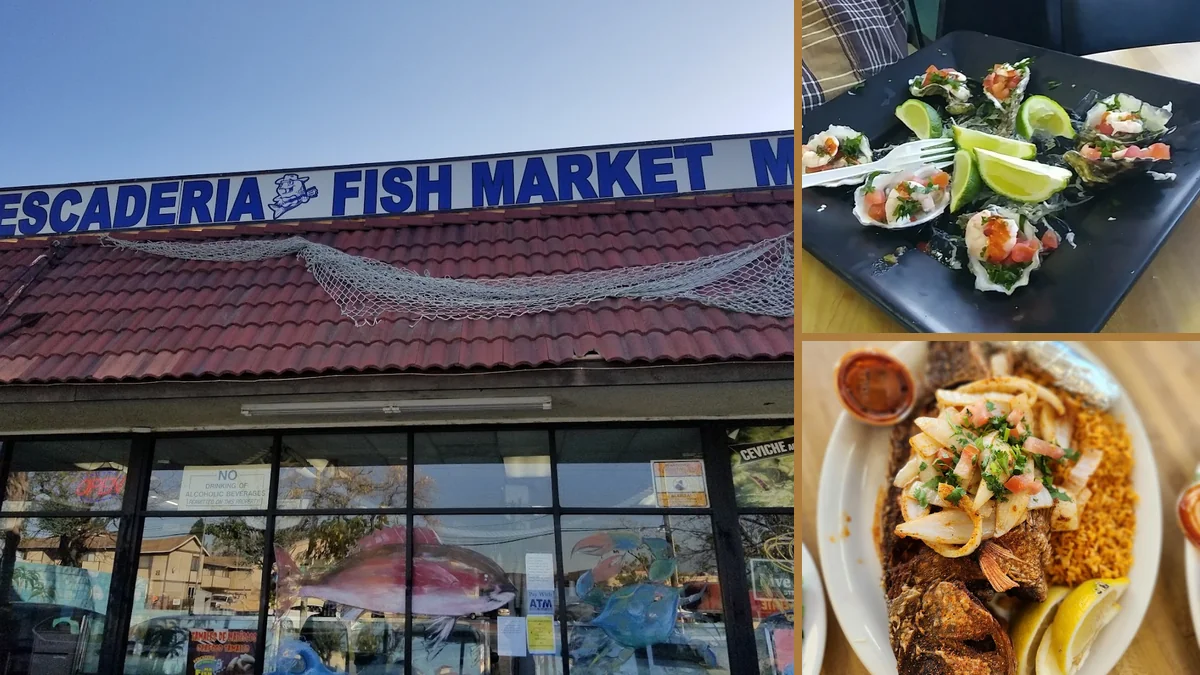 Seafood dishes on a casual restaurant table.